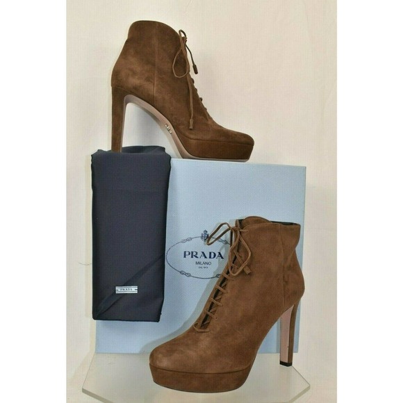 PRADA 1TP256 TABACCO SUEDE SHORT PLATFORM ANKLE LACE UP ZIP CLASSIC BOOTS 39.5 - Picture 1 of 12